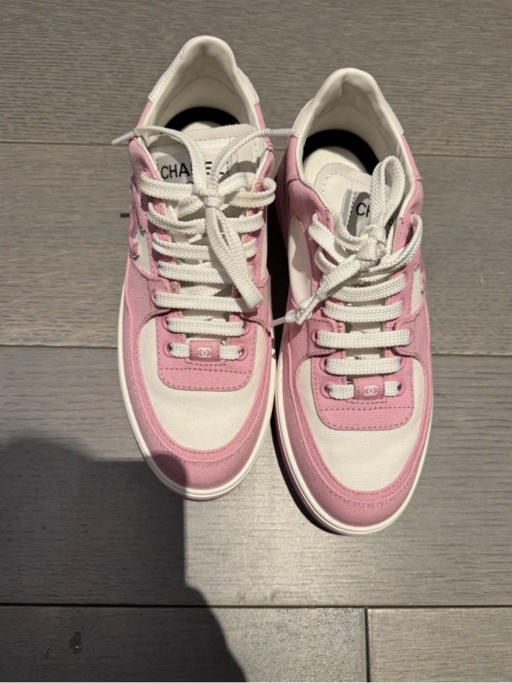 CHANEL Pink and White Low-Top Lace-Up Sneakers